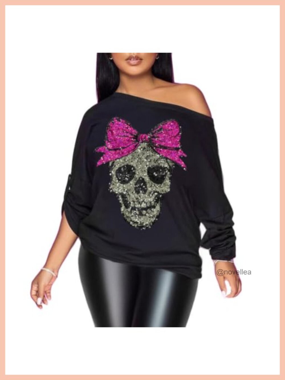 Womens Off Shoulder Metallic Graphic T-Shirt Long Sleeve Blouse